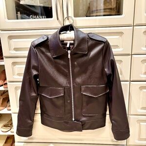 Avec Les Filles EVEREVE Faux Brown Leather Aviator Jacket XS